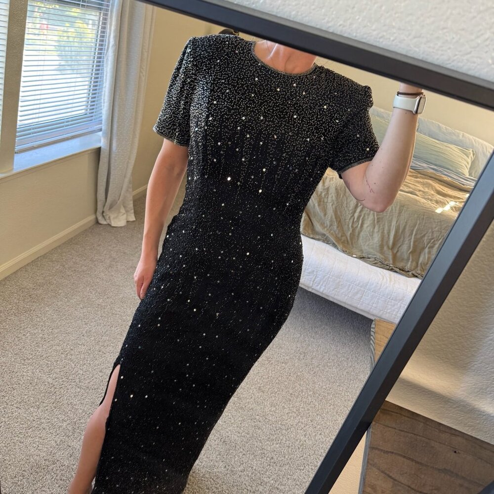 Vintage Stenay Black Silk Beaded Gown Size 10/12 - Picture 9 of 12